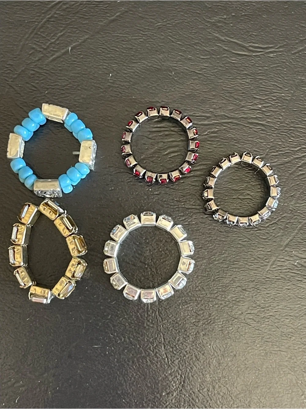 5 stretch and Beaded Statement Rings - Yellow, Turquoise, Red, Gold.